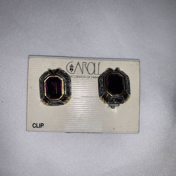 Vintage Carole Two Tones Clip Earrings Designer Jewelry Amethyst Stone - Picture 2 of 16